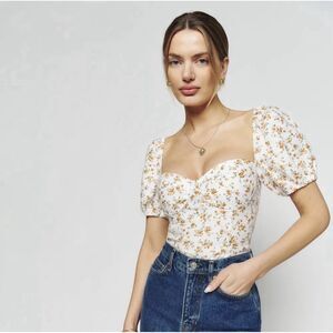 Reformation Andra Linen Top in Adagio Floral.Puff Sleeves. Zipper Closure.Sz 4